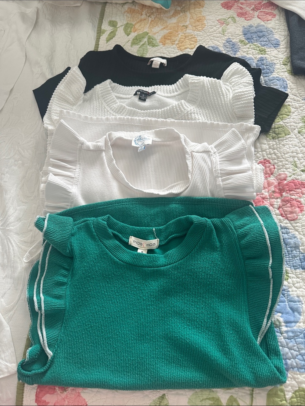Moa Moa Emerald Green Ruffle Sleeve Knit Top  2 white none black comfy tops